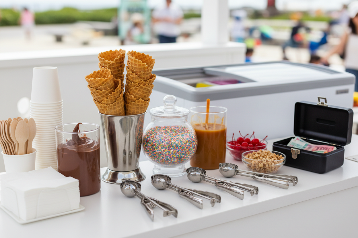 Ice Cream supplies such as cones, toppings and tools on top of a ice cream stool