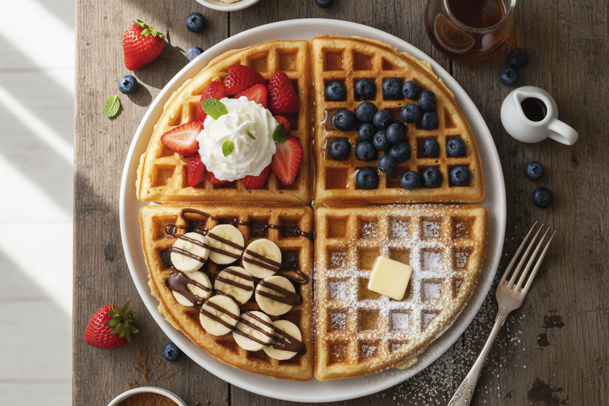 birds eye view of a circular waffle with different toppings in each corner