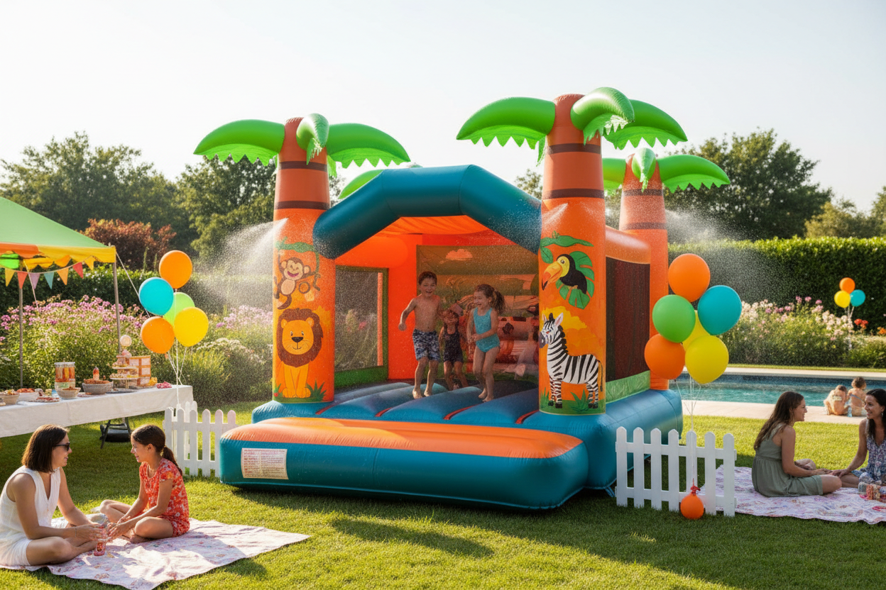 a bouncy castle in a back garden