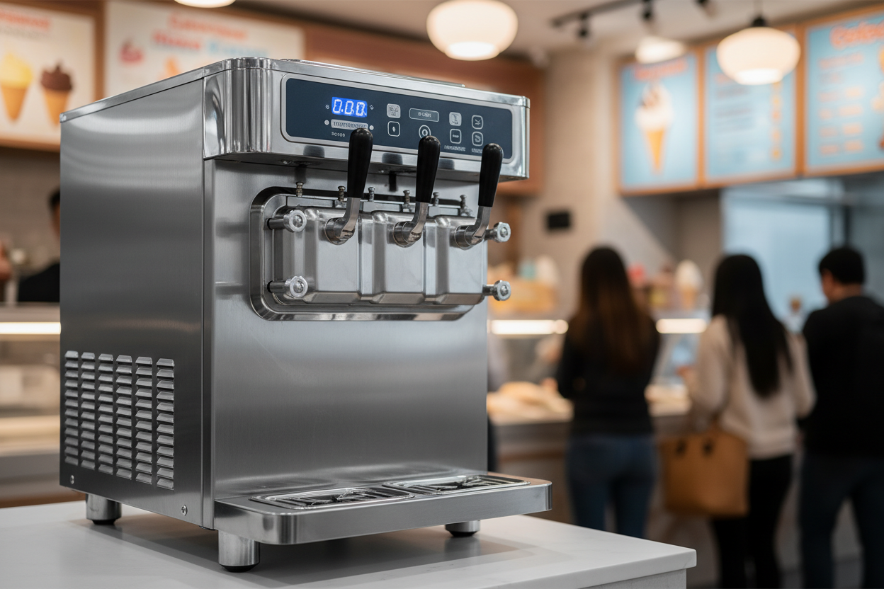 silver soft server ice cream machine with 3 handles on a counter top in an ice cream shop