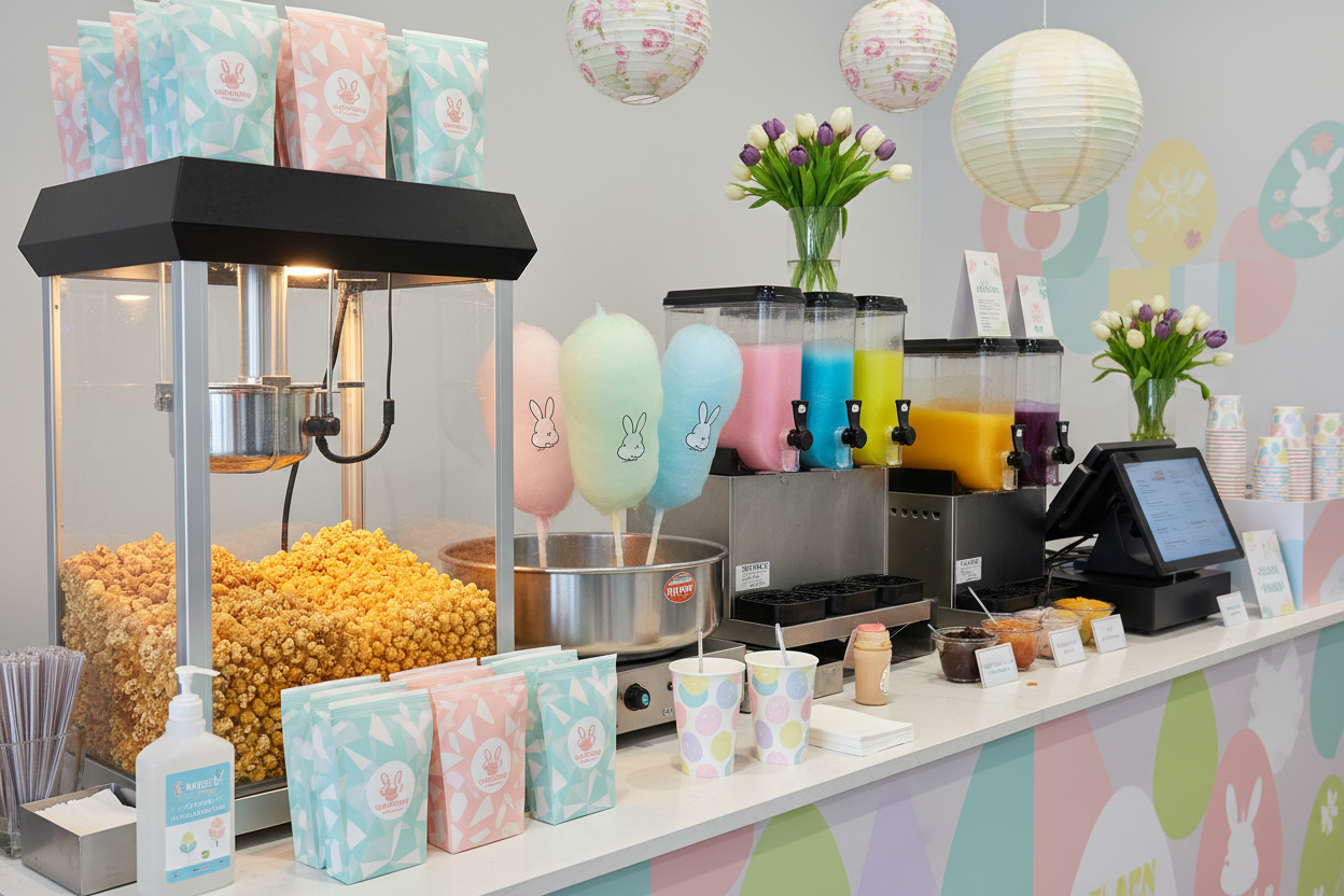 Popcorn, candy floss and slush lined up on a table with easter theming