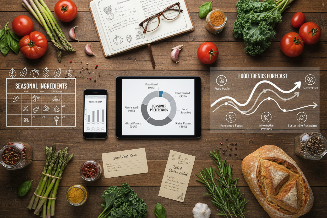 images of graphs and metrics on a wooden table surrounded by food