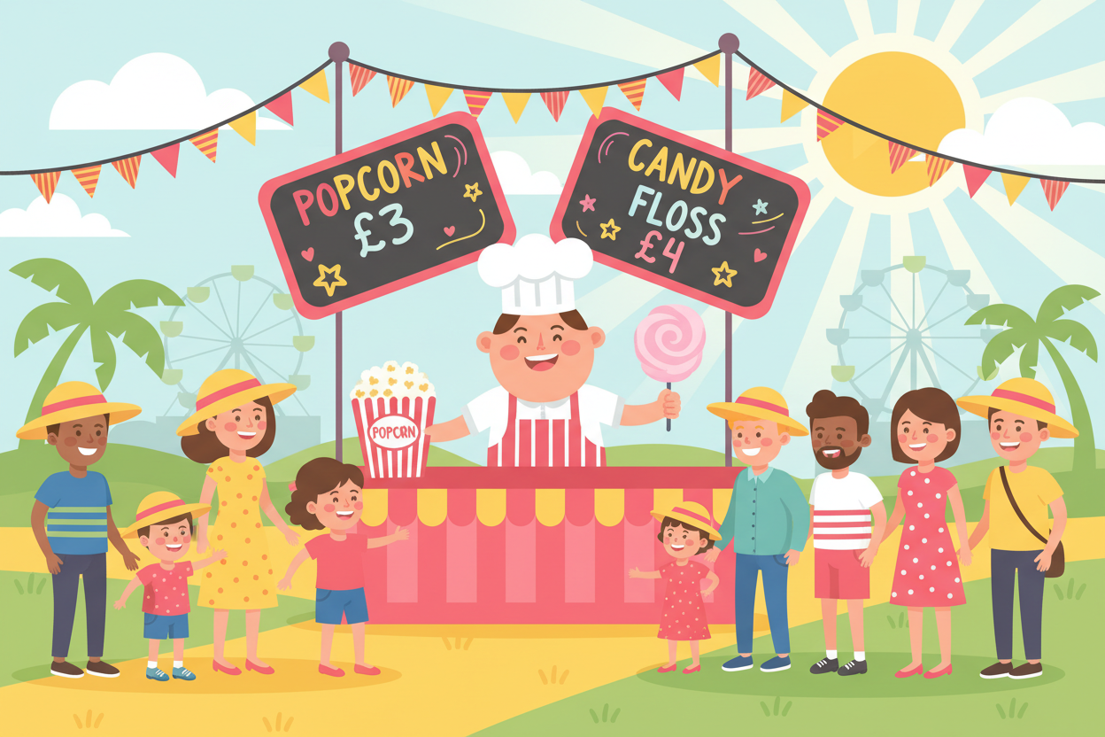 cartoon event stall chef holding a bag of popcorn and candy floss either side of him to 2 queues that are either side of him. There are two signs above him, one reads popcorn £3, and the other Candy Floss £4