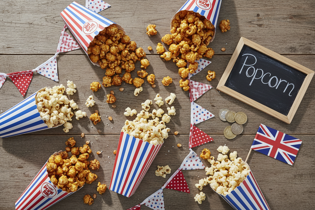 Popcorn boxes laid on their side on a table with popcorn falling out of them, and a chalkboard reading popcorn
