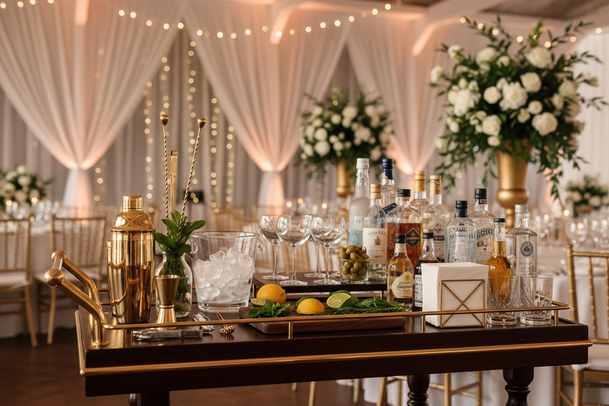 a small mobile cart with bar supplies, featured amongst a stunning wedding restaurant venue. The venue contains stereotypical white linen and flowers situated on tables.