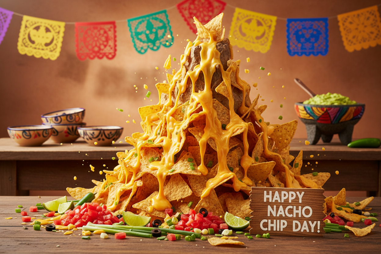 a mountain of nachos with nacho cheese sauce running down it and toppings scattered at the bottom