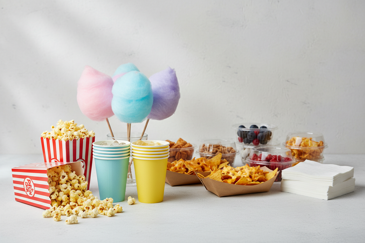 popcorn tubs, candy floss sticks, cups and nacho trays across a table