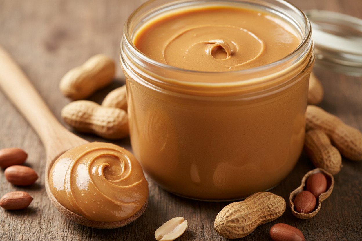 peanut but in a jar and on a spoon