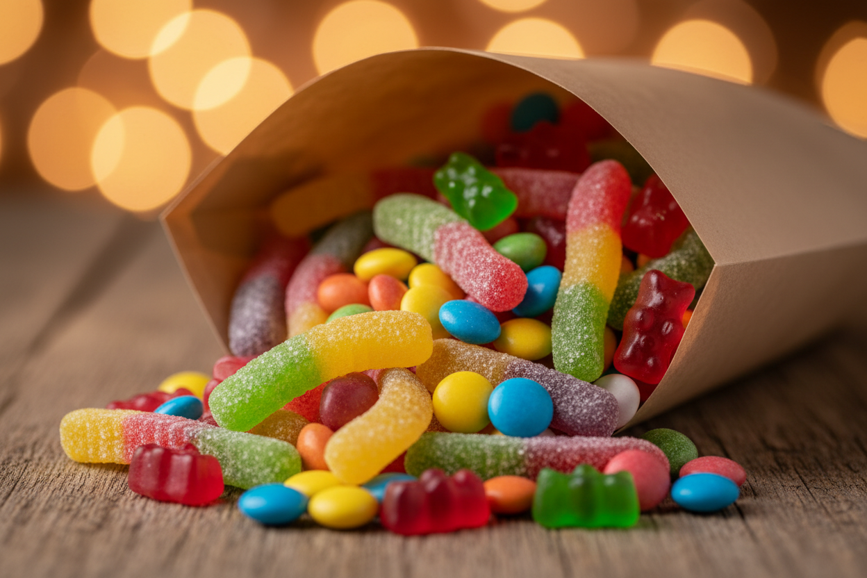 A bag of sweets on its side with sweets falling out the side of it on a table