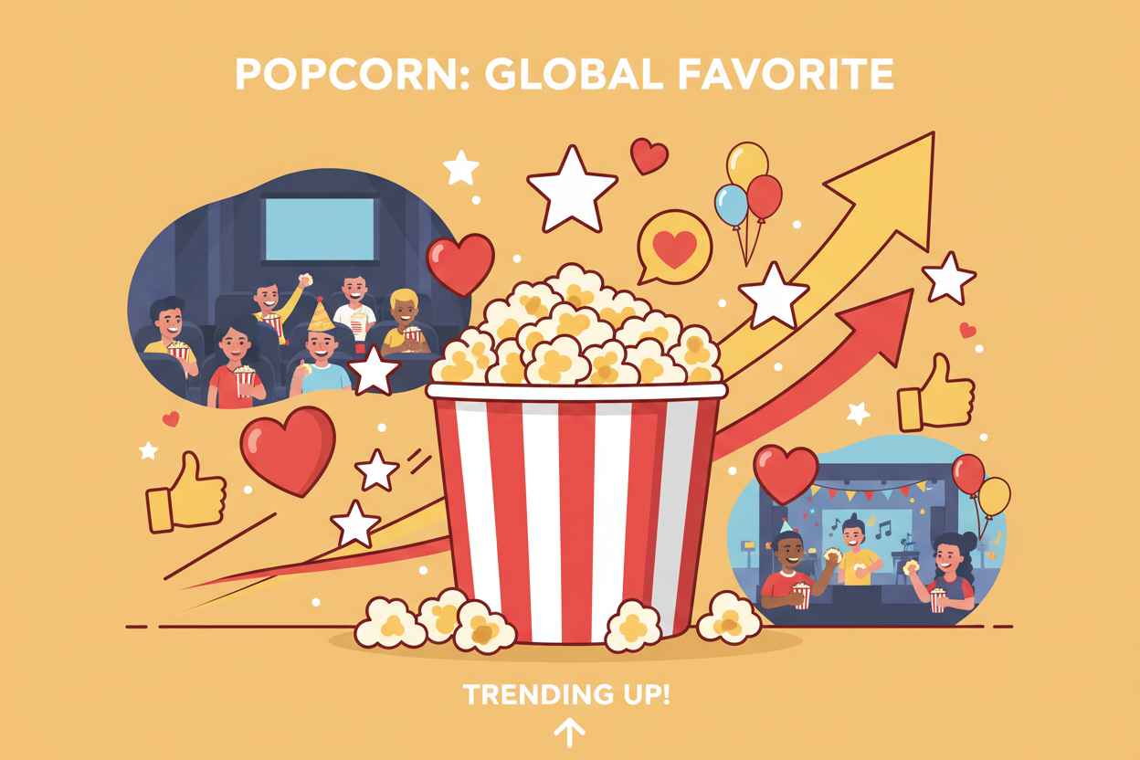 cartoon image of popcorn with arrows pointing up insinuating popularity rise