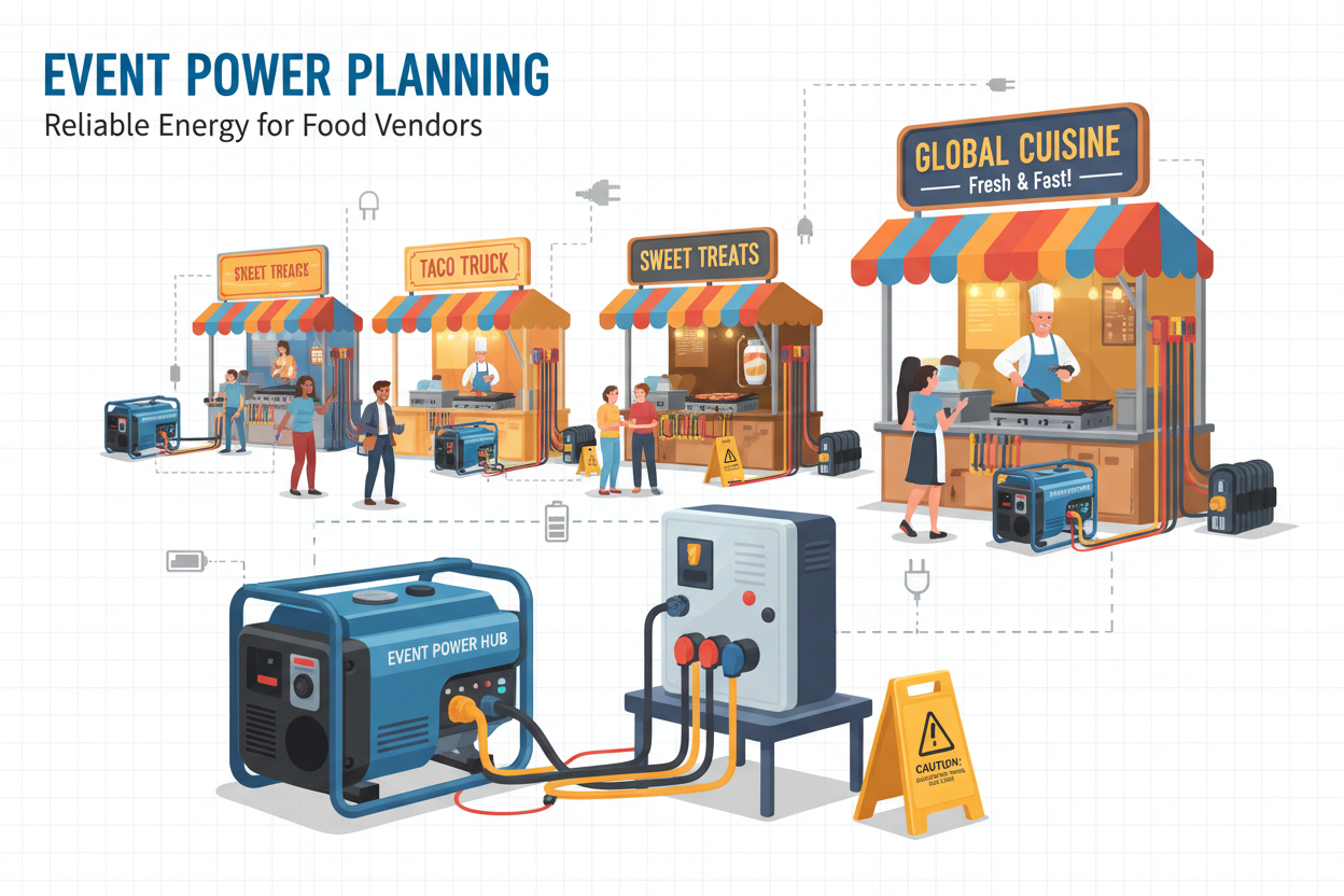 Cartoon version of different event stools with blueprint wiring linking them to generators