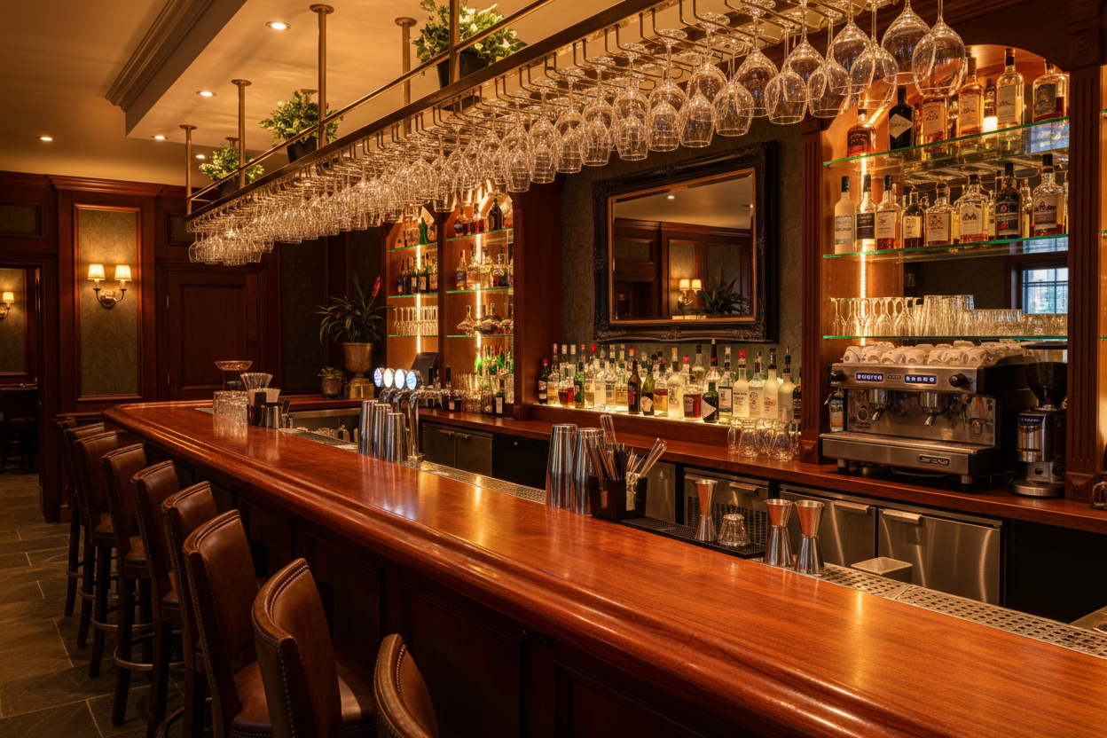 Old fashioned and fully kitted bar, chairs are lined up against it.