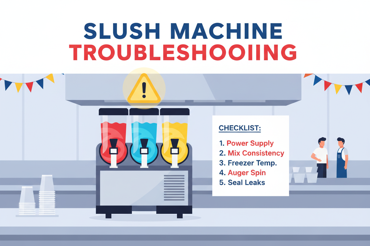 Cartoon slush machine with a checklist of issues next to it and the title Slush Machine Troubleshooting on top