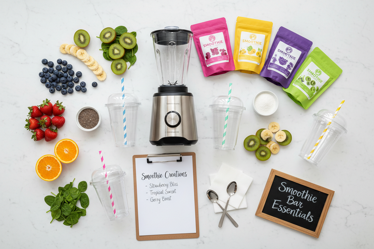 smoothie ingredients and equipment such as blenders, cups and spoons laid out on a table.