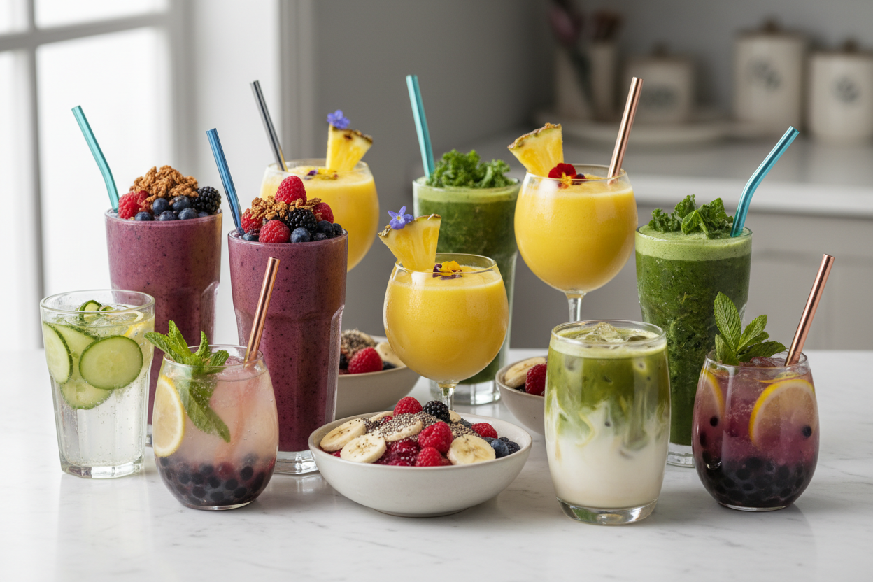 Smoothies and cold drinks lined up on a table