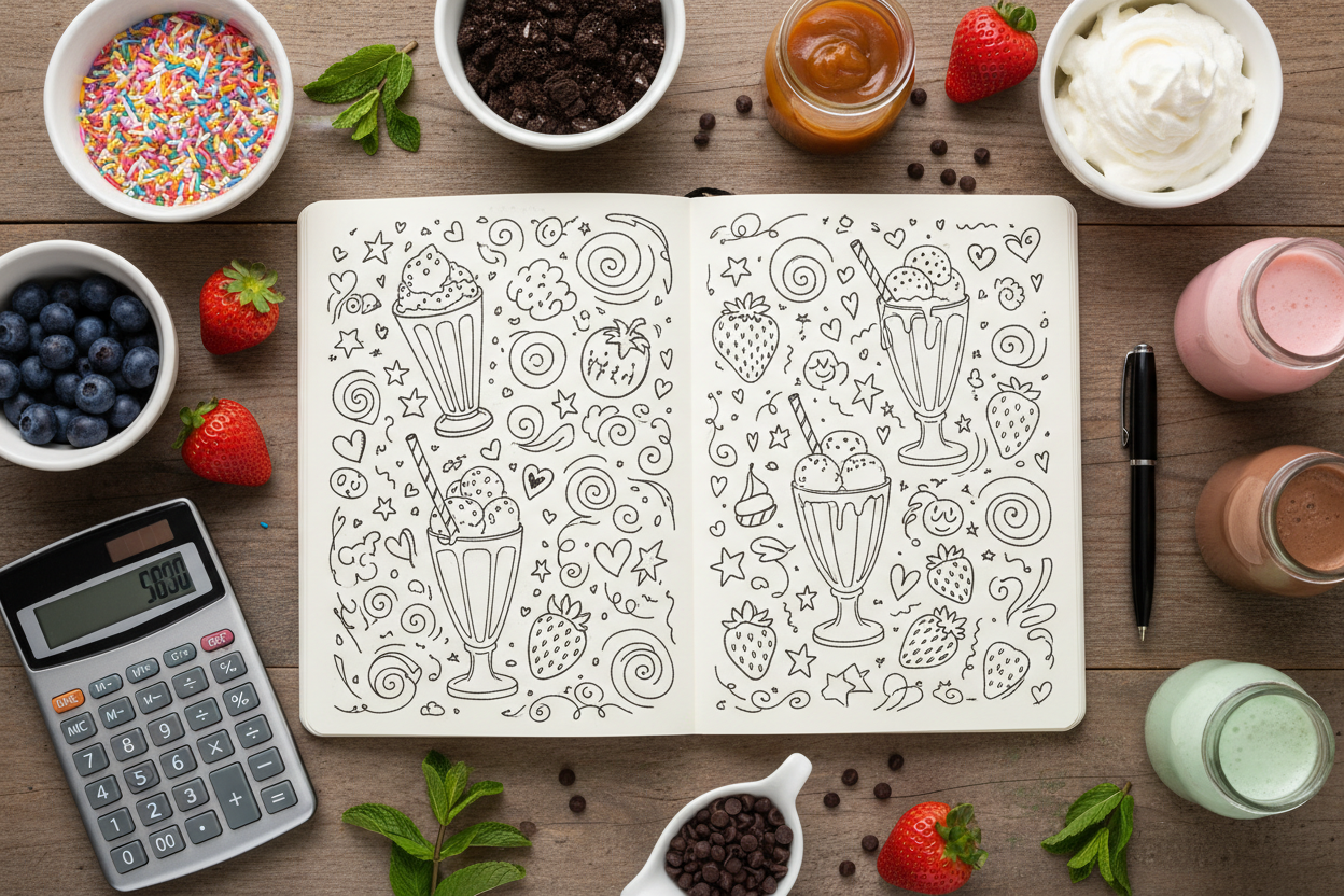 a notebook with different ice creams drawn in them and toppings surrounding the book