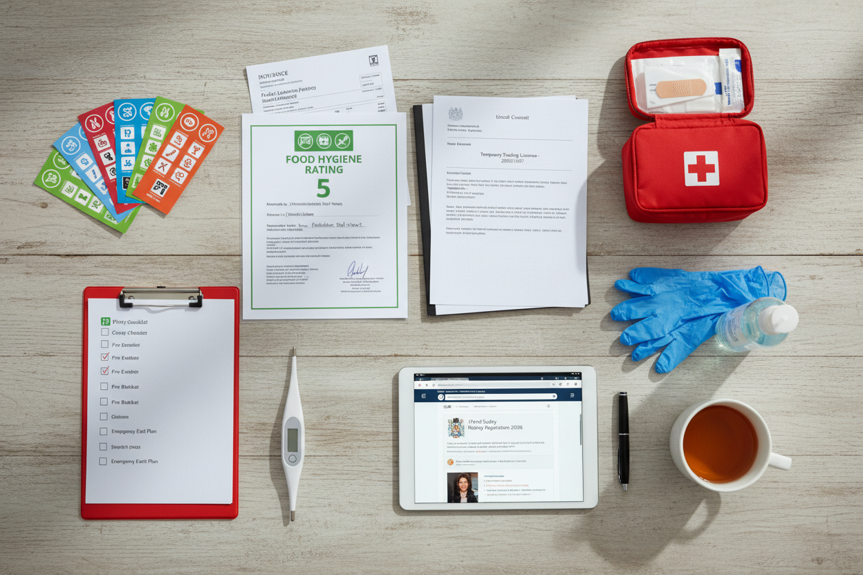 Different health and safety checklists with a medical bag on a table