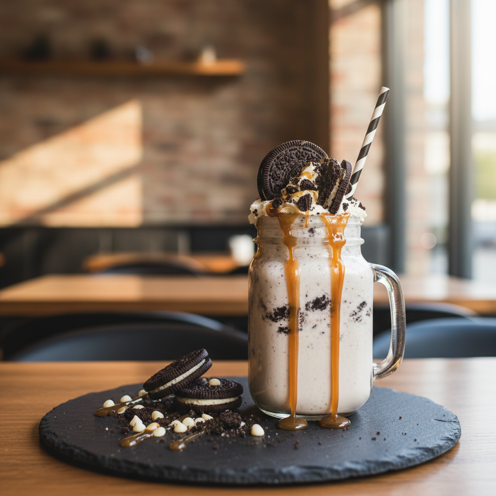 a milkshake with Oreo toppings on a granite slate ontop of a table