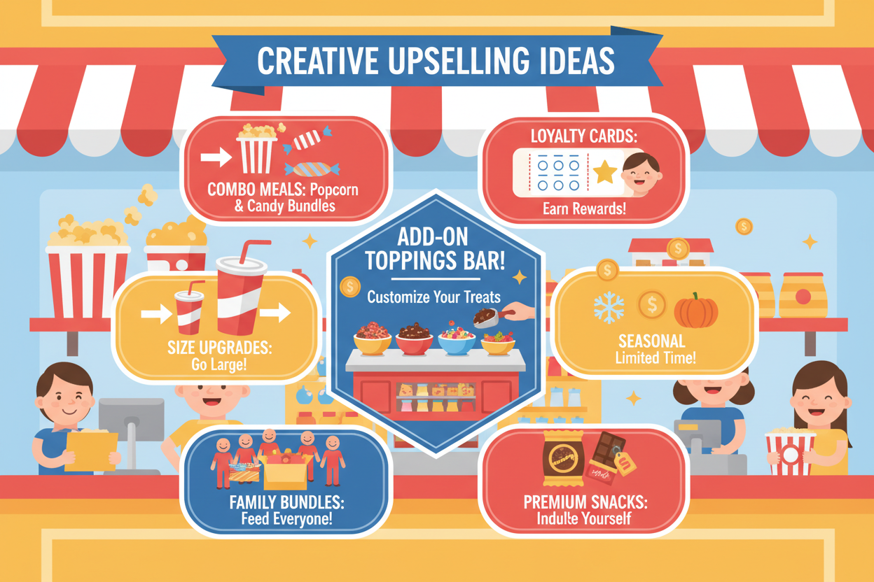 cartoon event stall with multiple upselling ideas located in the centre of the page like a brain storm