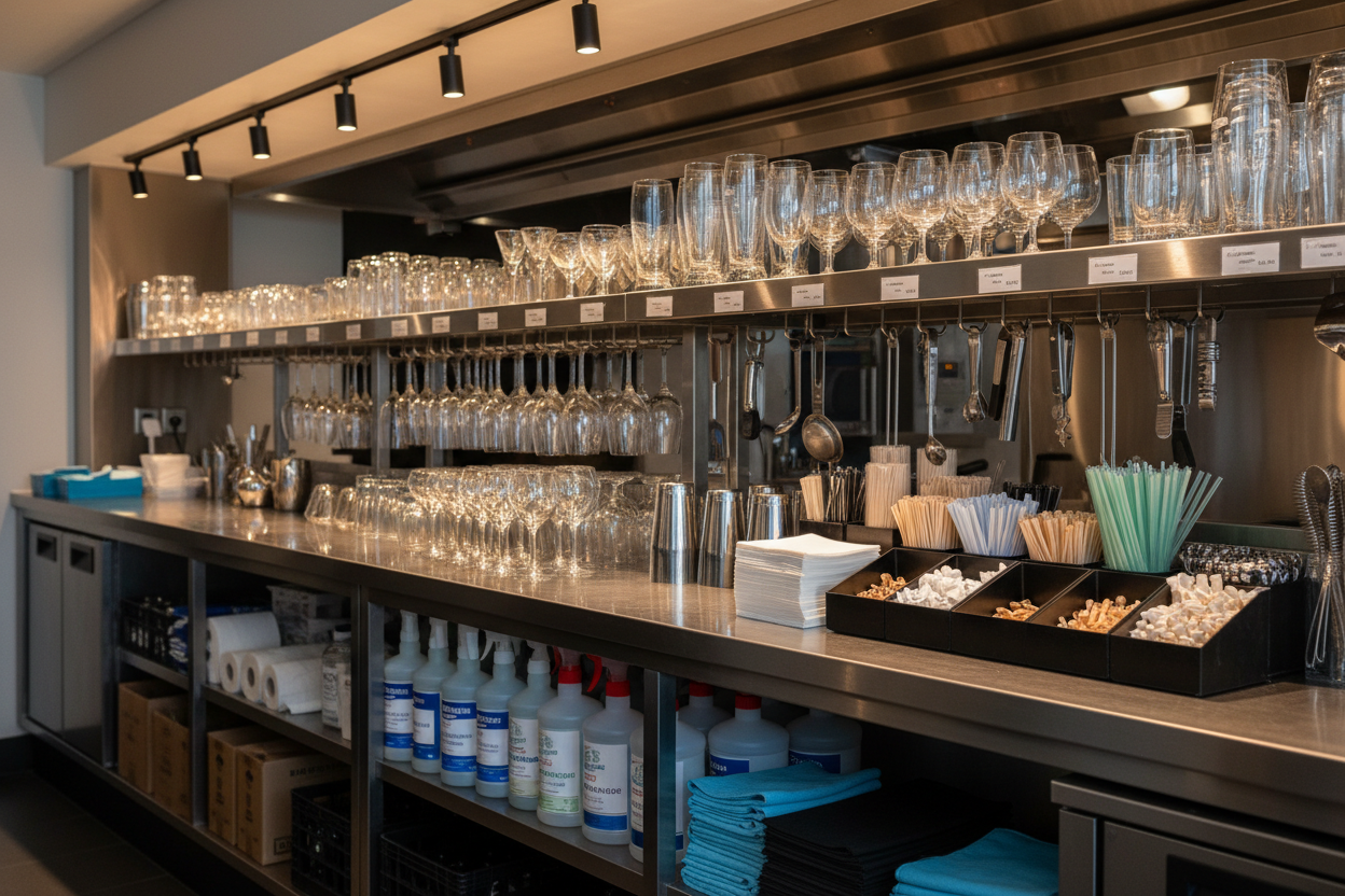 an array of different bar supplies, stacked on shelves for wholesale