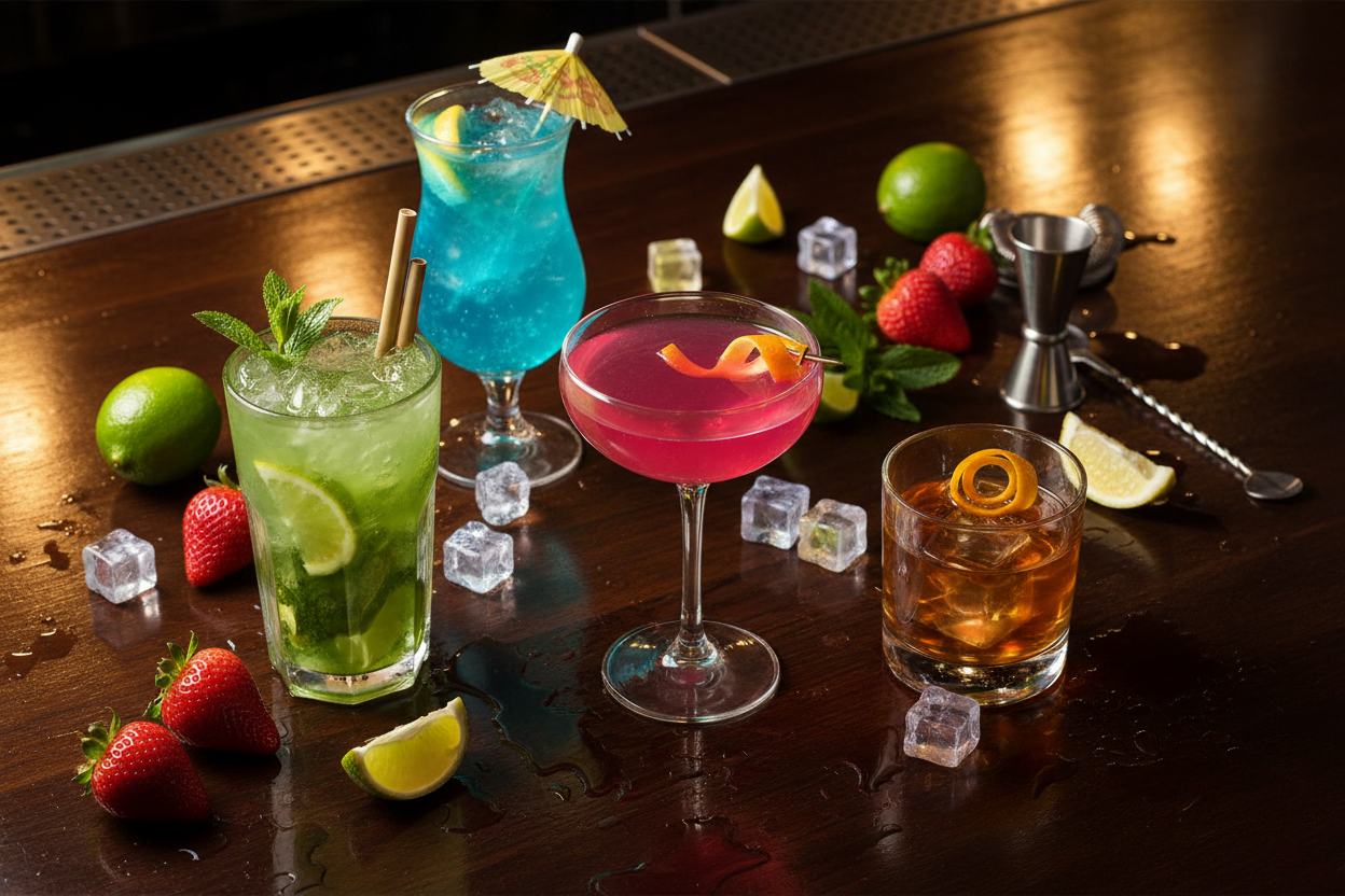 Mojito and other cocktails on a table surrounded by ice and fruit