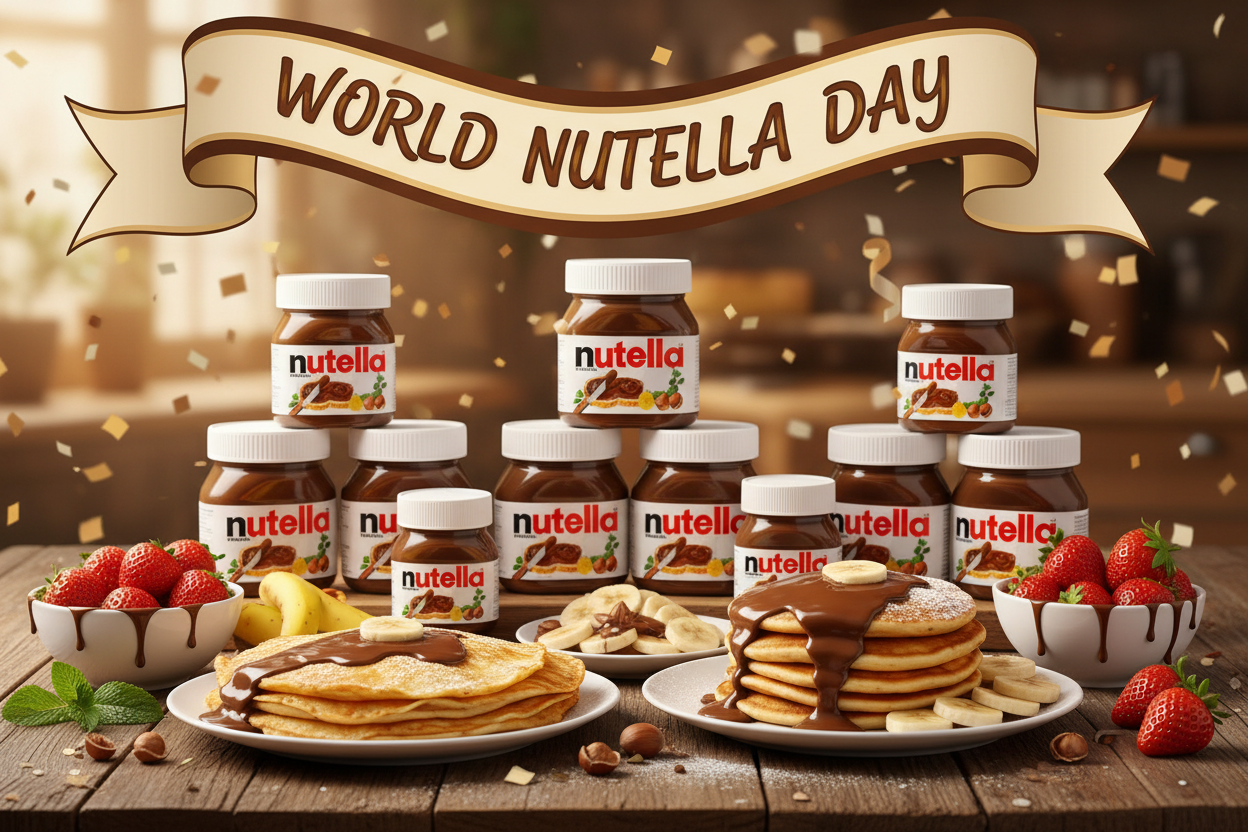 multiple jars of Nutella stacked up behind pancakes with Nutella on them