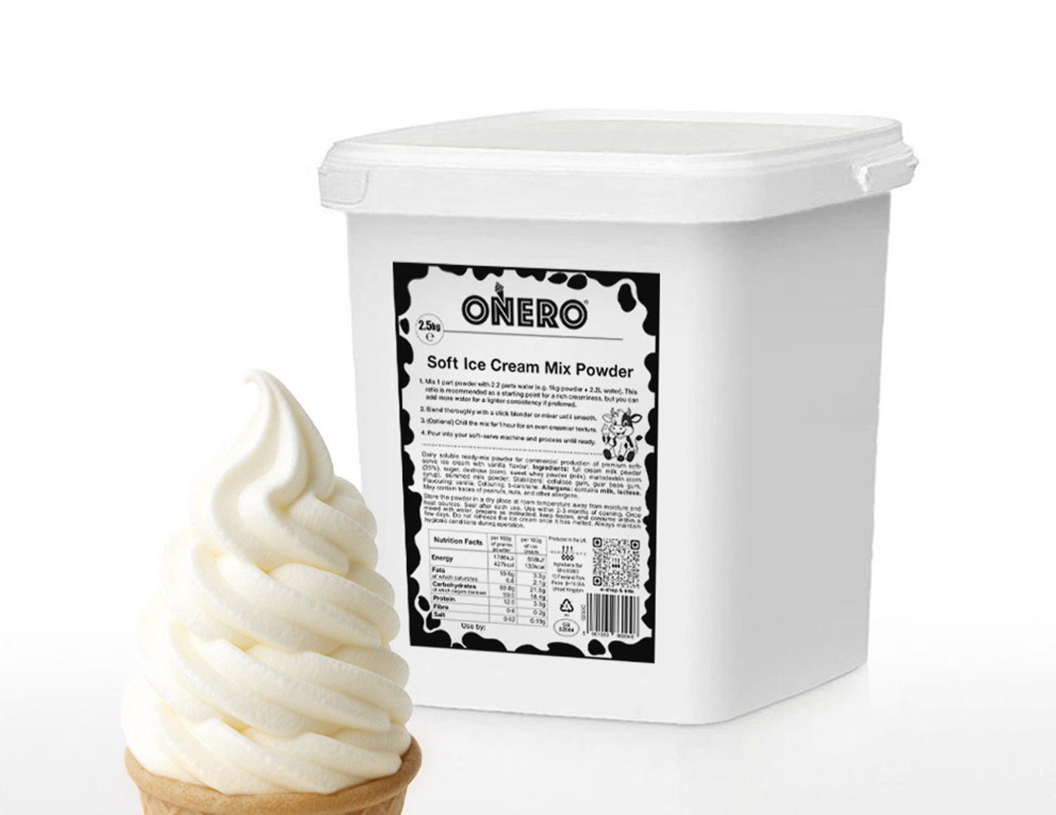 White 2.5kg tub of Onero® Soft Ice Cream Mix Powder with black label, shown beside a tall vanilla soft-serve cone.