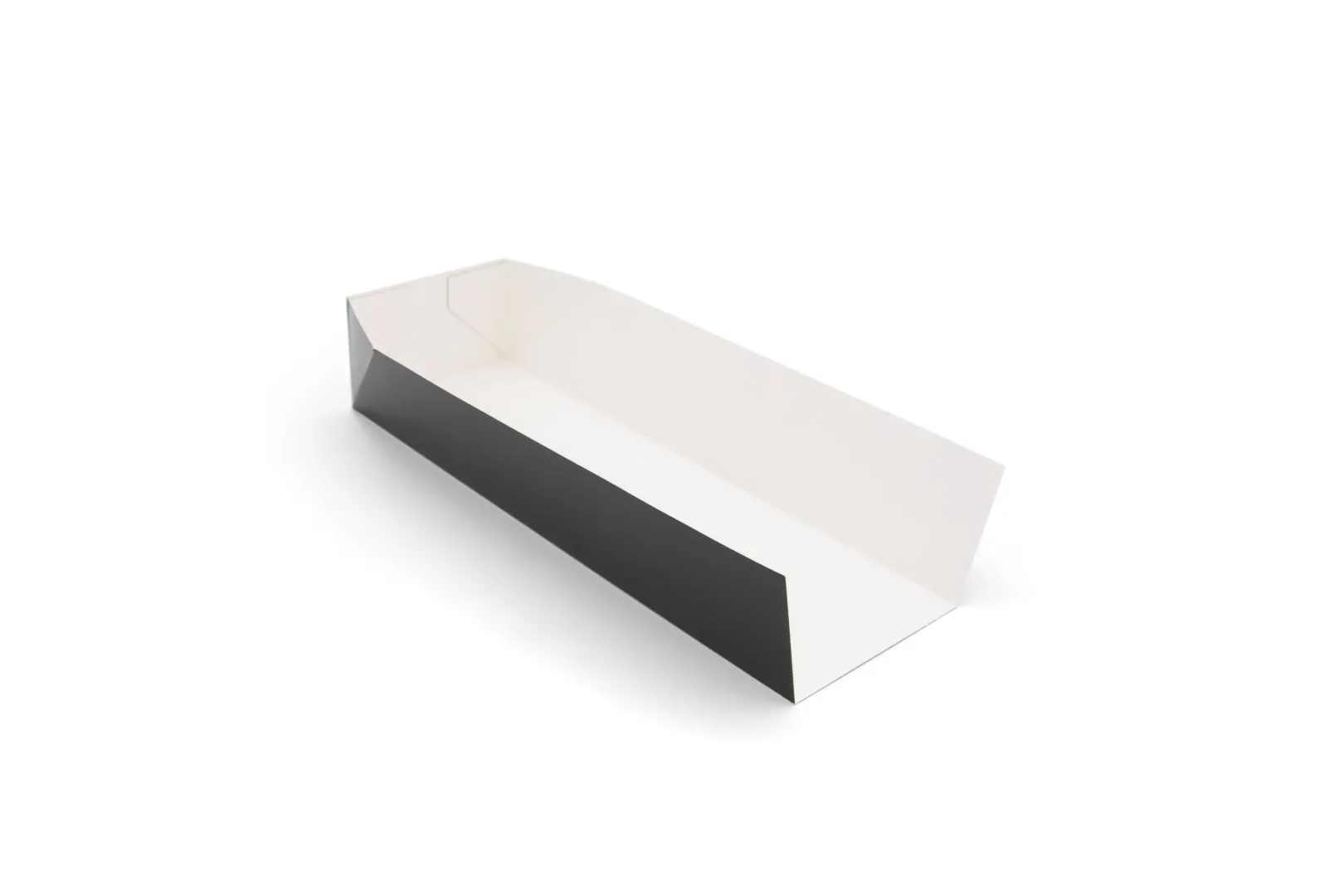 White cardboard hot dog tray with a black outer side panel, shown at an angled side view, featuring an open-top rectangular design.