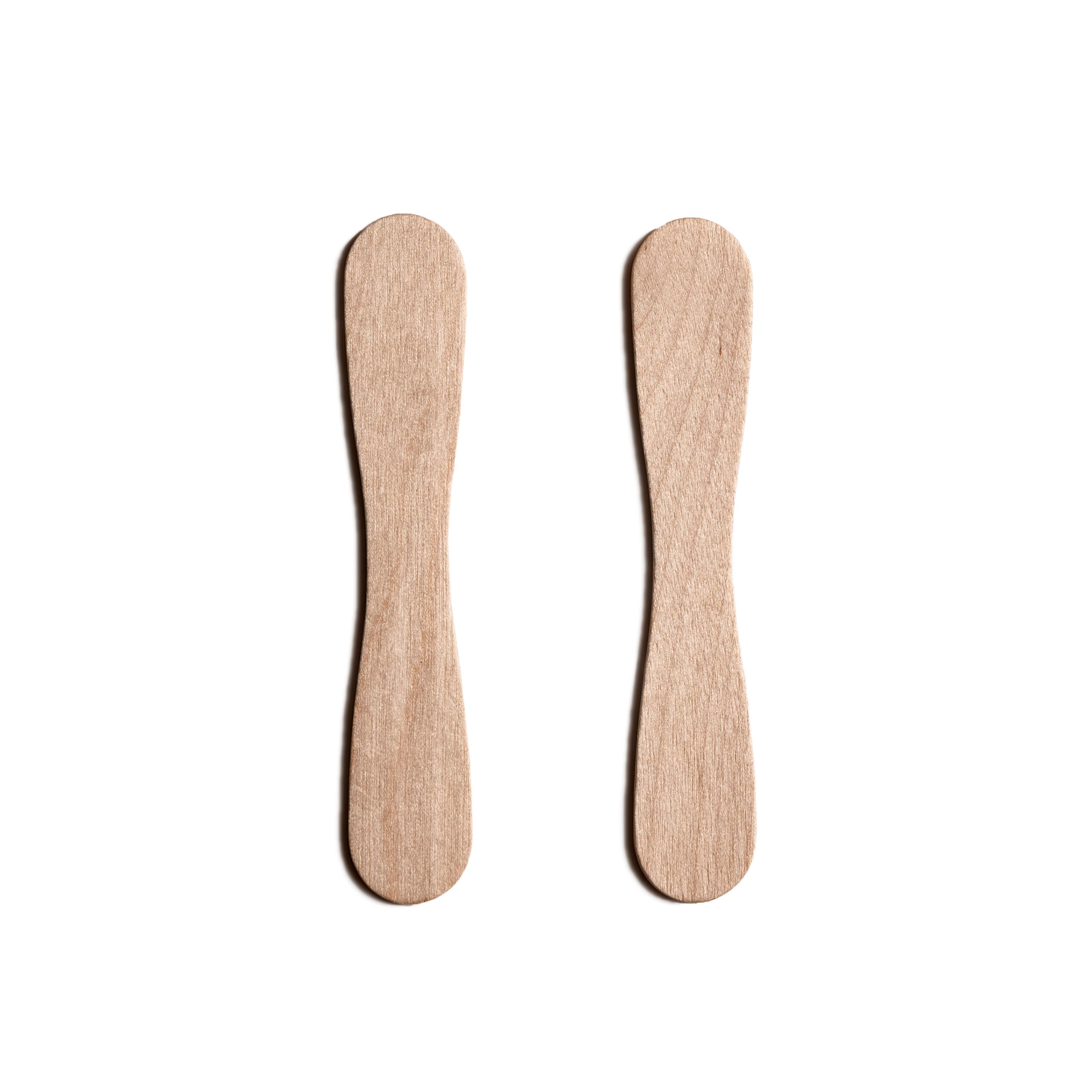 Two wooden ice cream spoons displayed side by side on a white background.