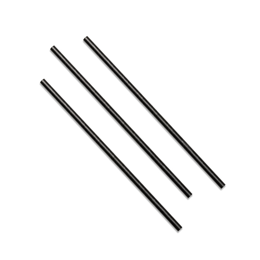 Black disposable drinking straws displayed diagonally on a light grey background, featuring a sleek plain design suitable for cold beverages, parties, cafés, and takeaway drinks.