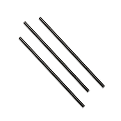 Black disposable drinking straws displayed diagonally on a light grey background, featuring a sleek plain design suitable for cold beverages, parties, cafés, and takeaway drinks.