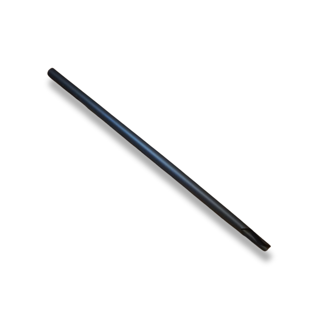 A long, slender black straw, placed against a white background.