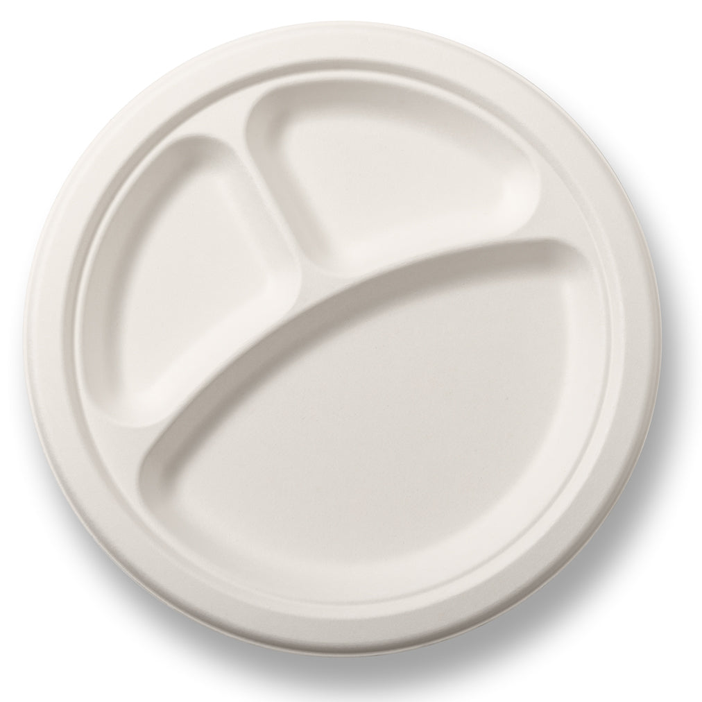 A white, round disposable plate with three compartments.