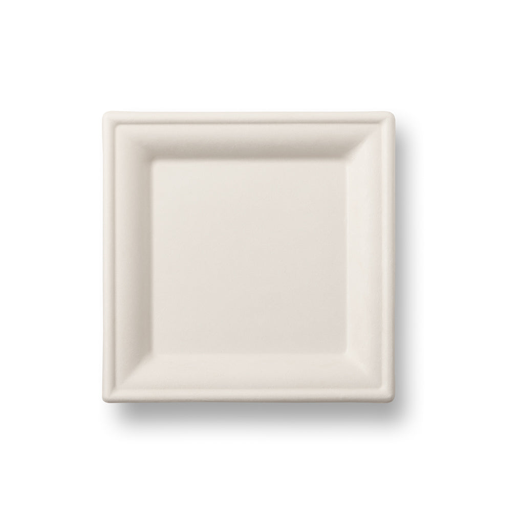 A plain, square, white plate with a slight lip around the edge.