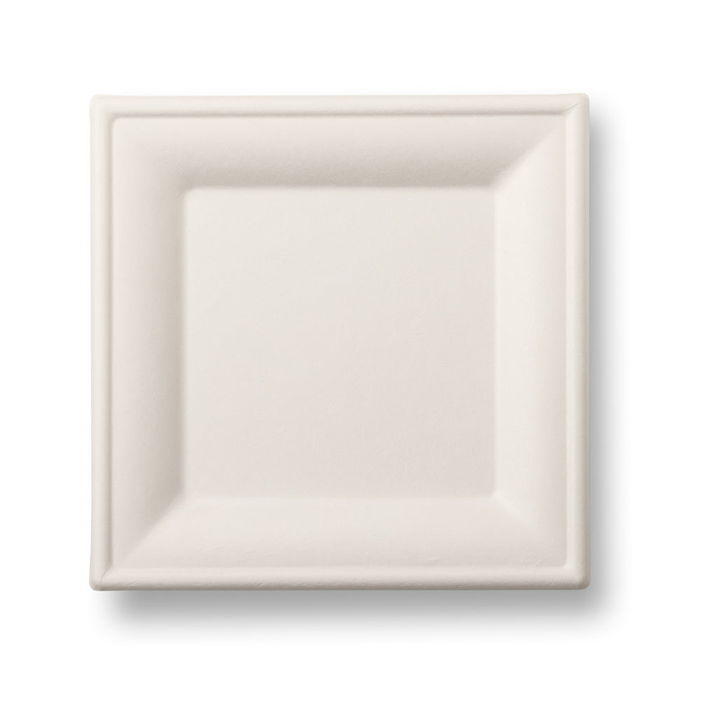A plain, square, white plate with slightly raised edges.