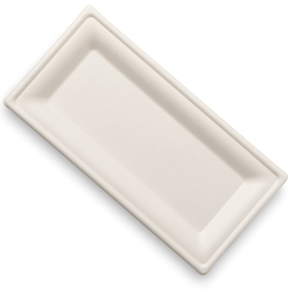 A simple rectangular white plate positioned at an angle.