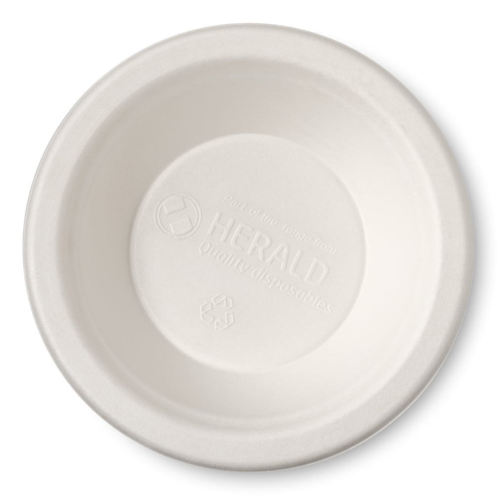 A plain, white disposable bowl with the text "HERALD Quality Disposables" embossed on the bottom.