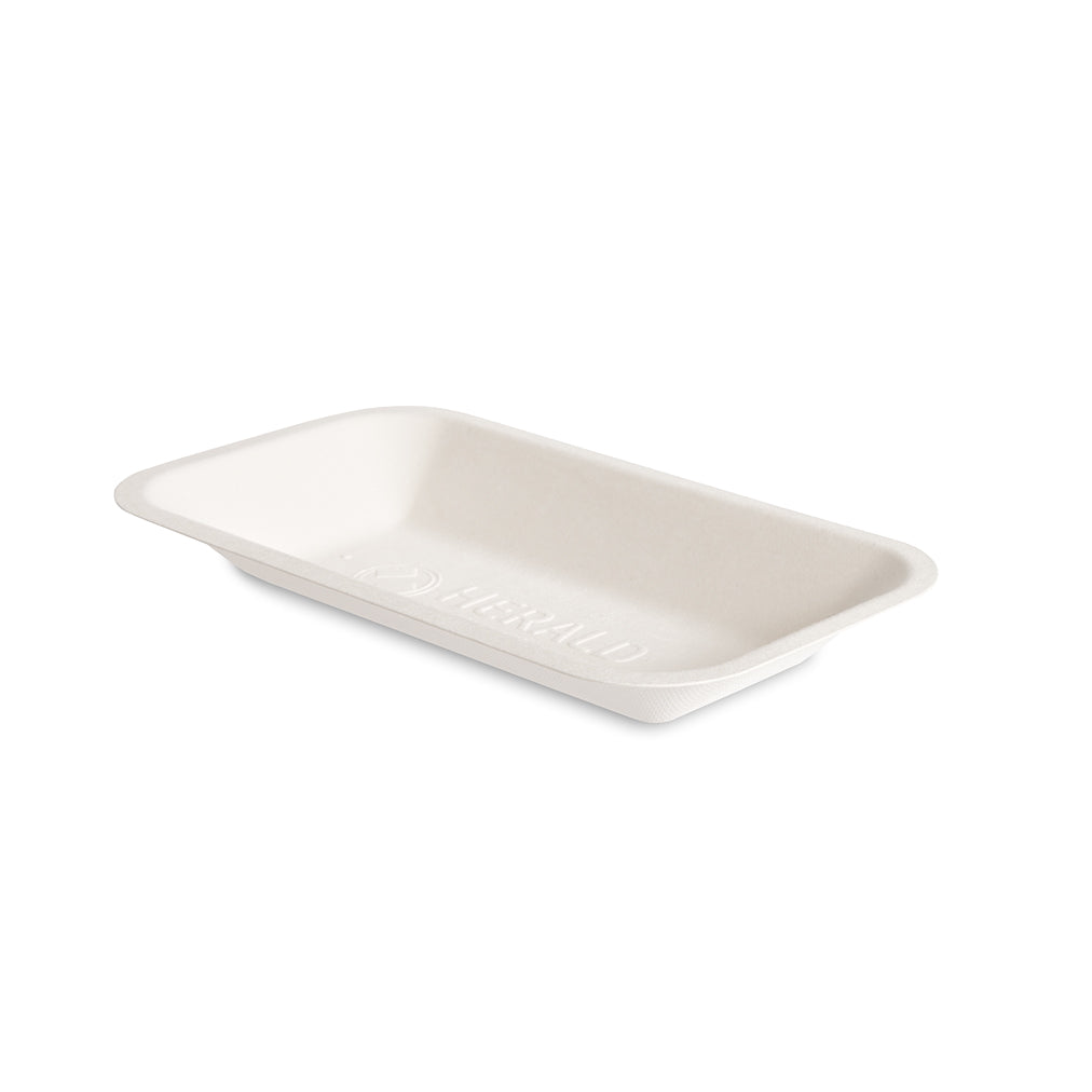 A rectangular, shallow disposable tray made of light beige biodegradable material, shown from a three-quarters perspective on a solid white background.
