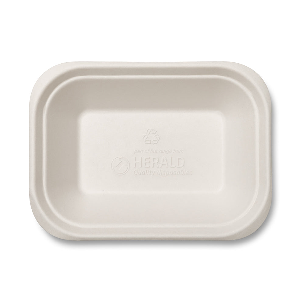 A light beige biodegradable compostable food tray with rounded corners, featuring the embossed Herald logo in the center, shown on a clean white background.