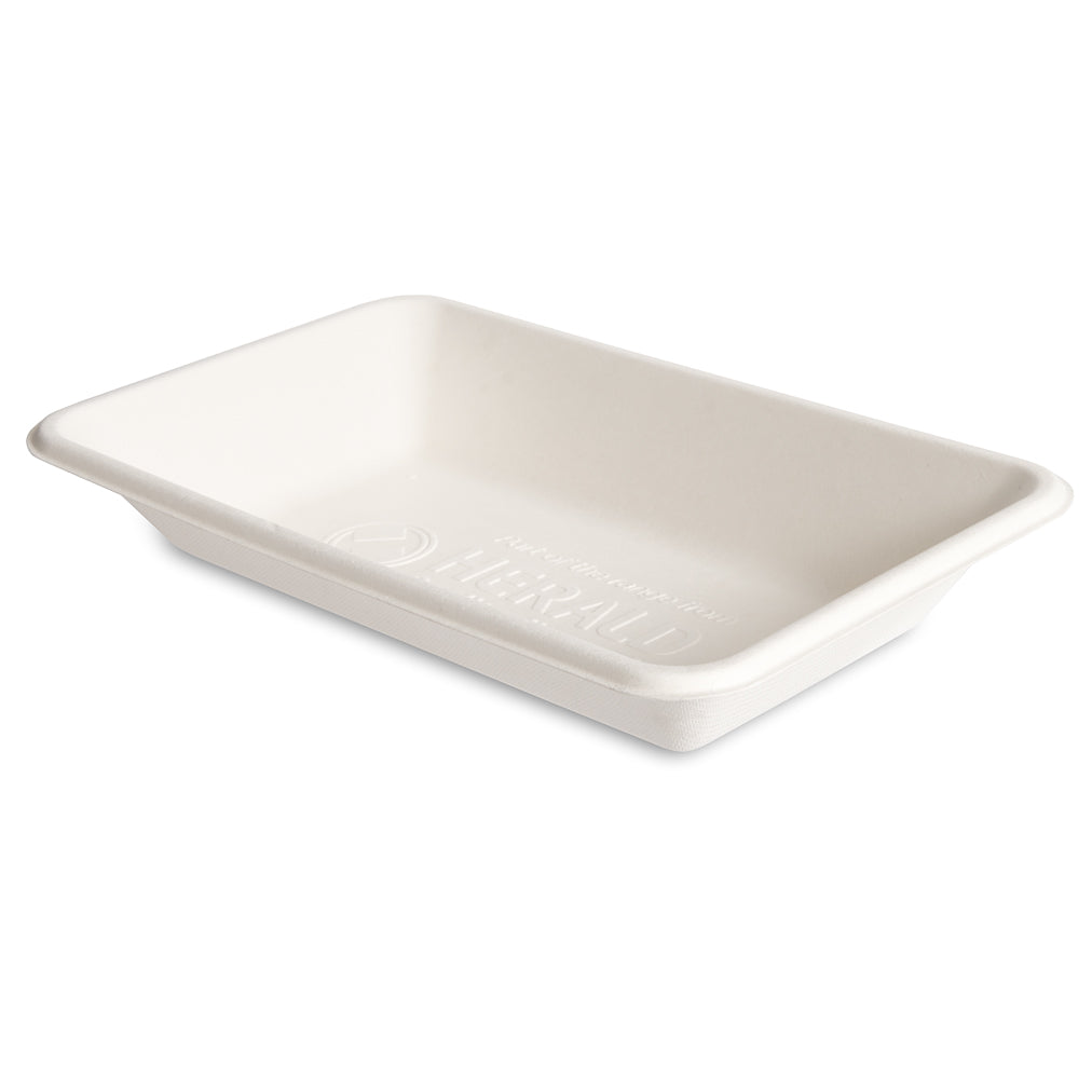 A white, rectangular food tray made of biodegradable material, with a slight lip around the edges.