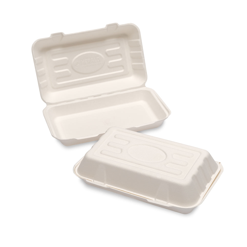 A biodegradable takeout food container, opened to show the inside, with a lid partially detached.