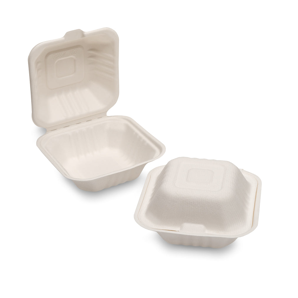 Two small square compostable food containers made of white biodegradable foam, one shown open and one closed, on a plain white background.