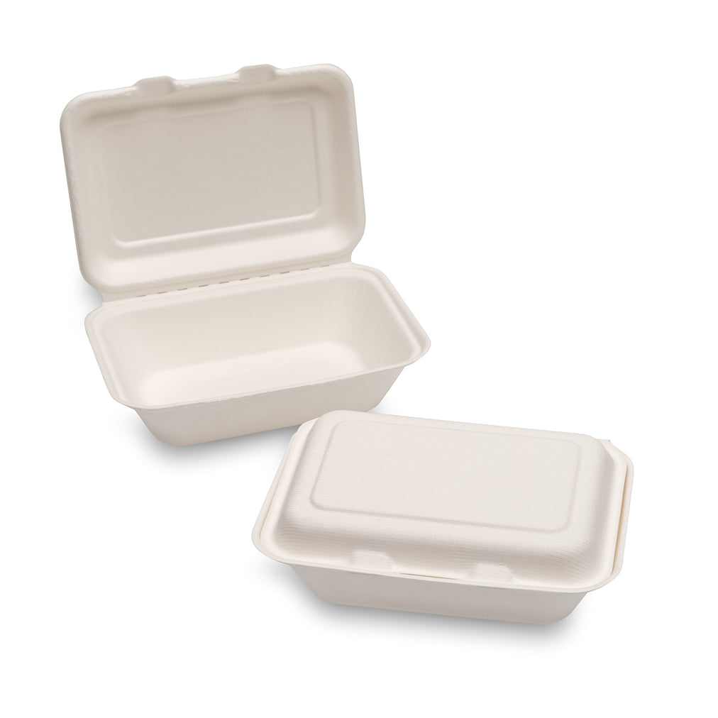 Two empty food containers made of biodegradable material, one open and one closed.
