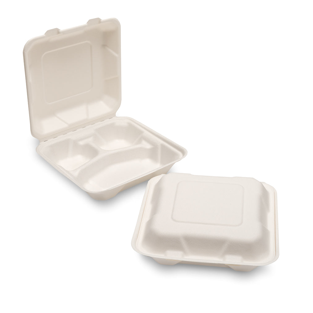 Two open takeout food containers made of biodegradable material, one on top of the other.