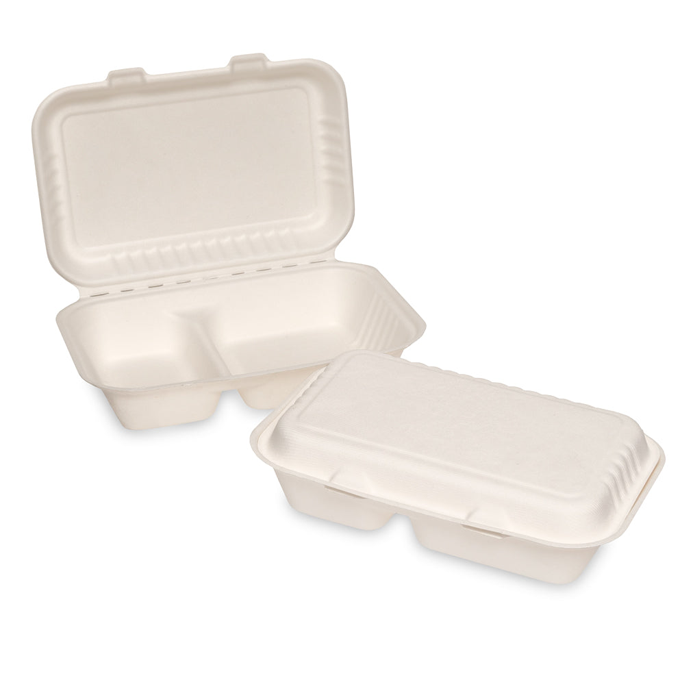 Disposable white food container with a hinged lid, shown open and closed.
