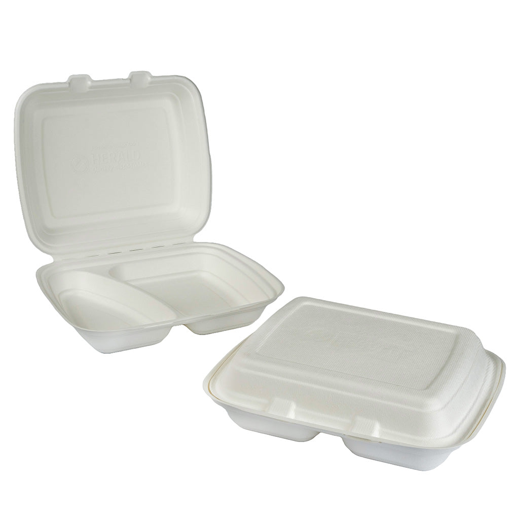A couple of white takeout containers, one open and one closed.