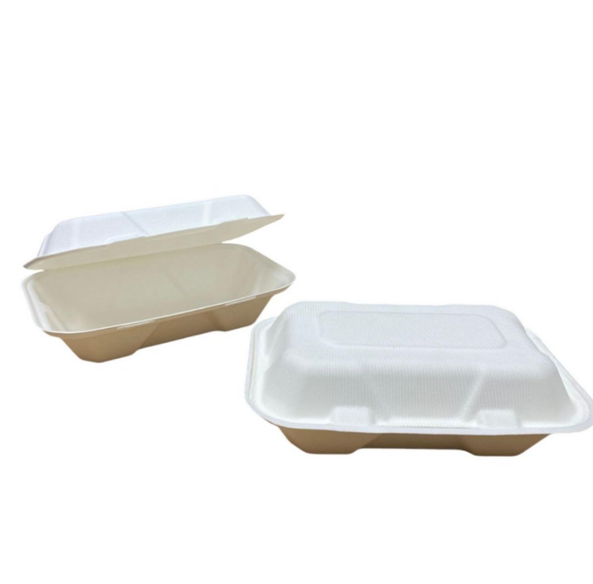 Two takeout food containers, one partially open, made of a light brown material with a textured white lid.