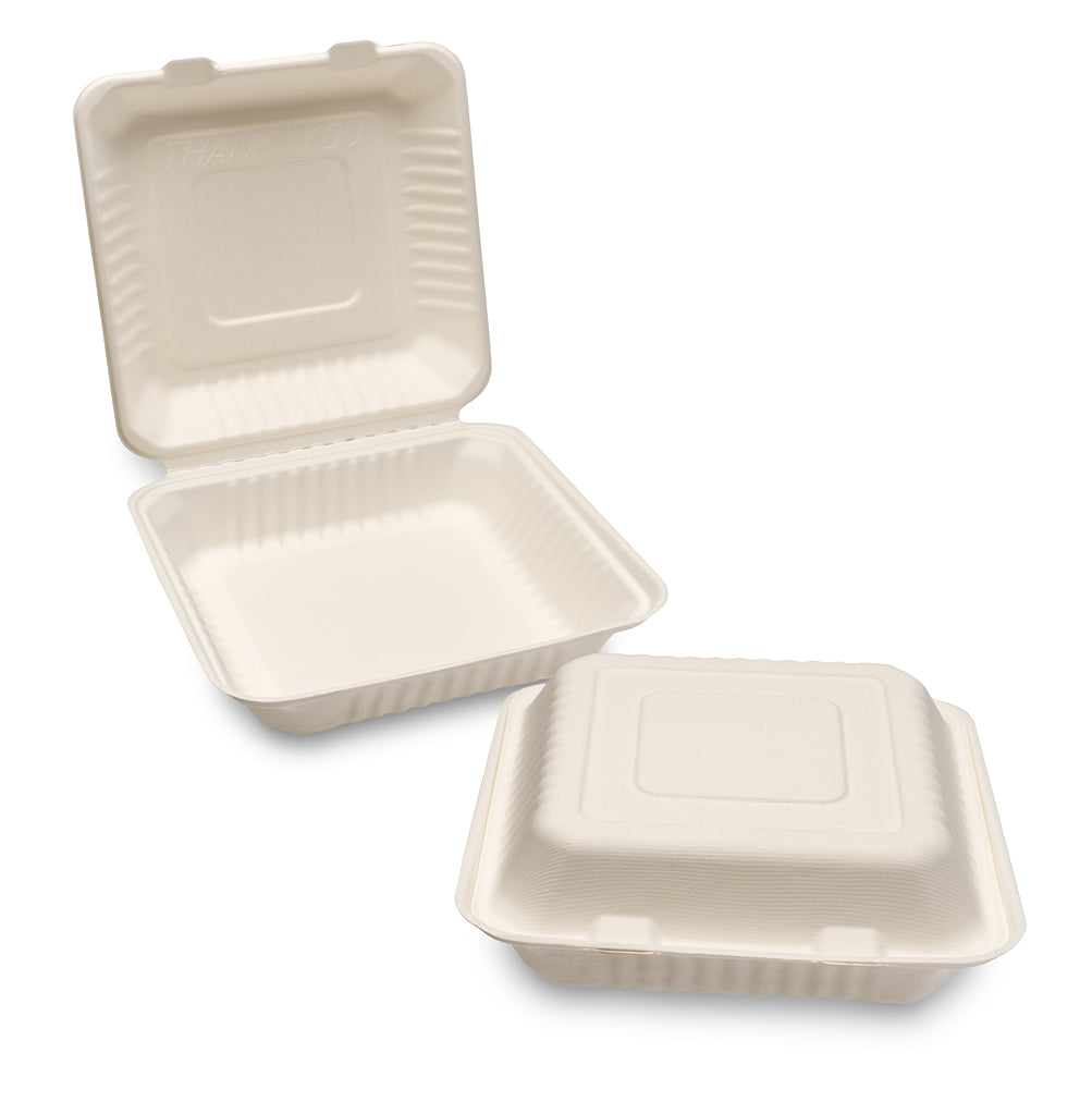 Two beige disposable food containers, one closed and one open, placed at an angle.