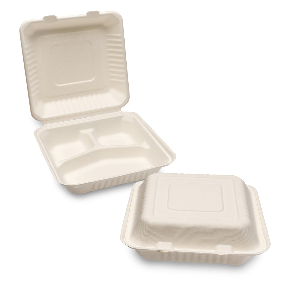 Two small compartment food containers made of light beige biodegradable foam, one shown open and one closed on a white background.