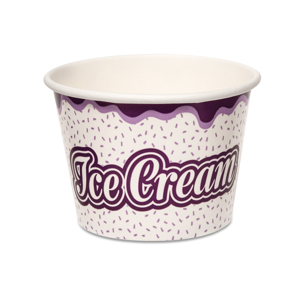 A white paper cup with purple sprinkles and the words "Ice Cream" in bold purple script. The design is playful and evokes a fun, sweet treat.